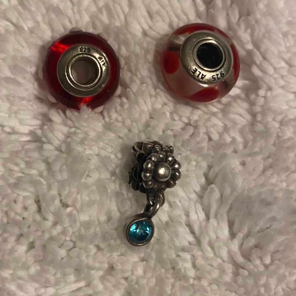 Trio Pandora Red and Silver Charms (2) 925 Sterling with silver Turquoise Accent - Picture 2 of 4